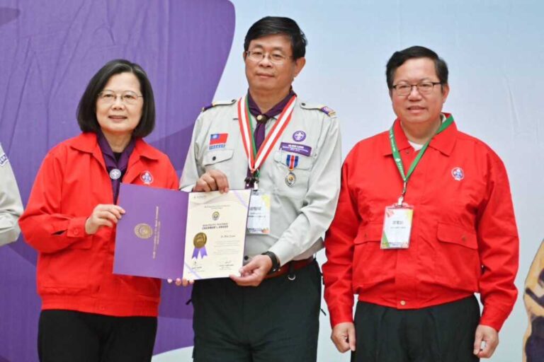 ▲蔡英文總統今天上午出席「中華民國童軍總會113年三五童軍節慶祝大會」，肯定童軍不僅是國內社會服務的一大助力，在國民外交上也扮演重要角色。（總統府提供）